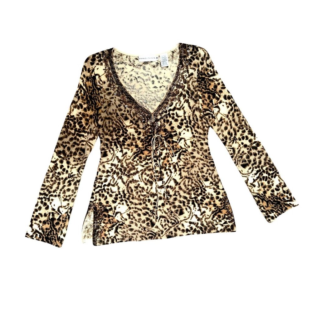 Dana Buchman Size M Brown Leopard Print Merino Wool Beaded Tunic Sweater Blouse - Picture 13 of 13